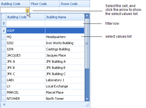 Select Values list for the Buildiong Code field