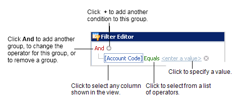 Filter Editor showing the links used to create a condition or a group of conditions
