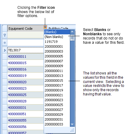 example of the Filter icon menu options