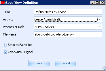 Save View Definition dialog