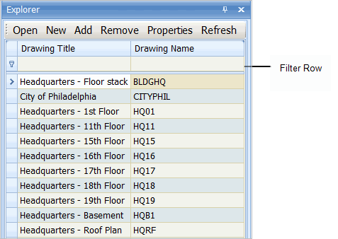 Drawing List shown from the Explorer panel in the Smart Client CAD Extension