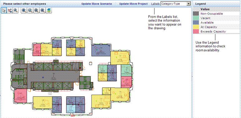 screen shot of the Plan Move Scenarios tab showing drawing with Labels selection list