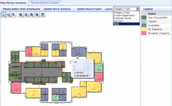 Plan Move Scenarios tab with tooltip showing information about the room