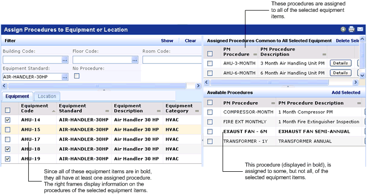 screen shot showing procedure assignment to equipment