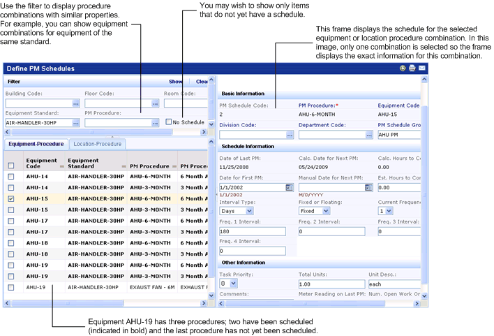 screen shot of the Define preventive maintenance view including the Filter console