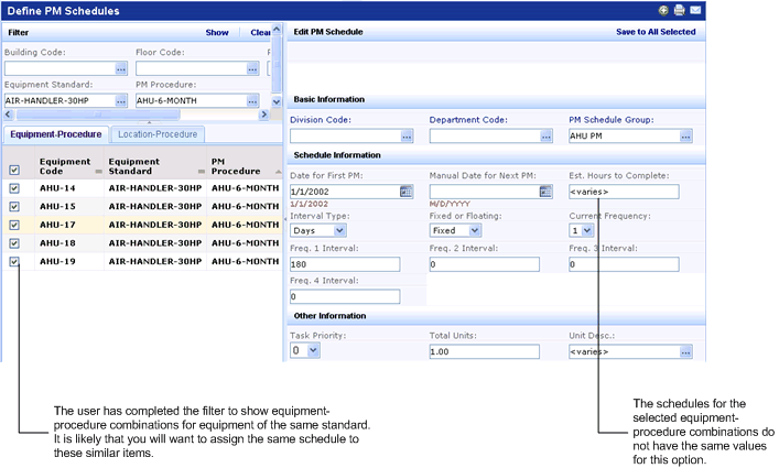 screen shot showing an overview of a preventive maintenance schedule