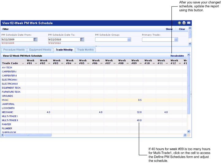 screen shot of 52-week preventive maintenance work schedule