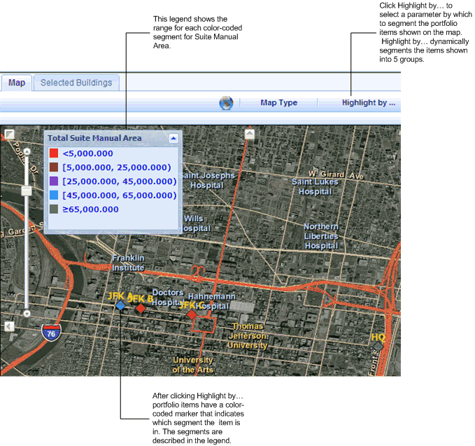 screen shot of a map view showing highlighted portfolio items and legend