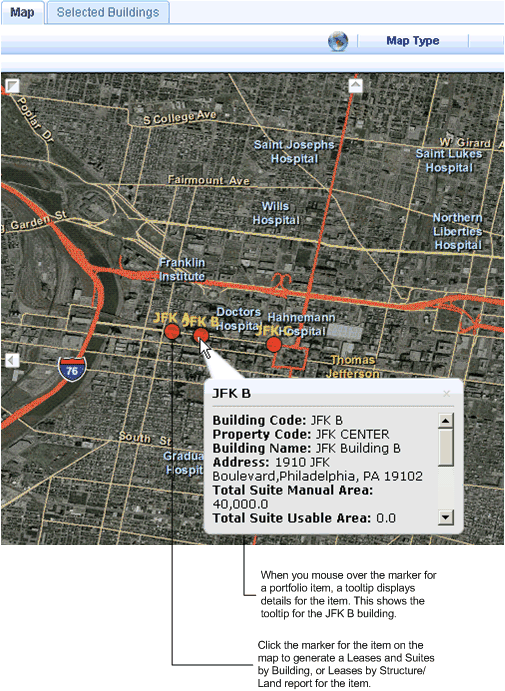 screen shot of the map view with tooltips showing building information