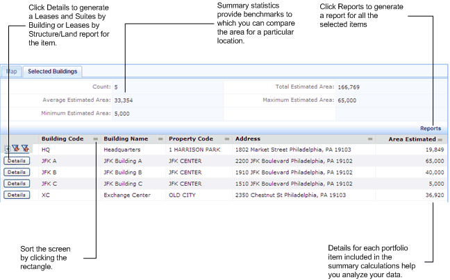 screen shot of Manage Buidlings by Locatio with the Selected Buildings view selected
