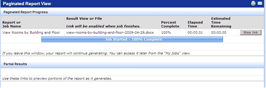 screen shot of the Paginated Report view that shows the progress of the report job and includes a Stop button